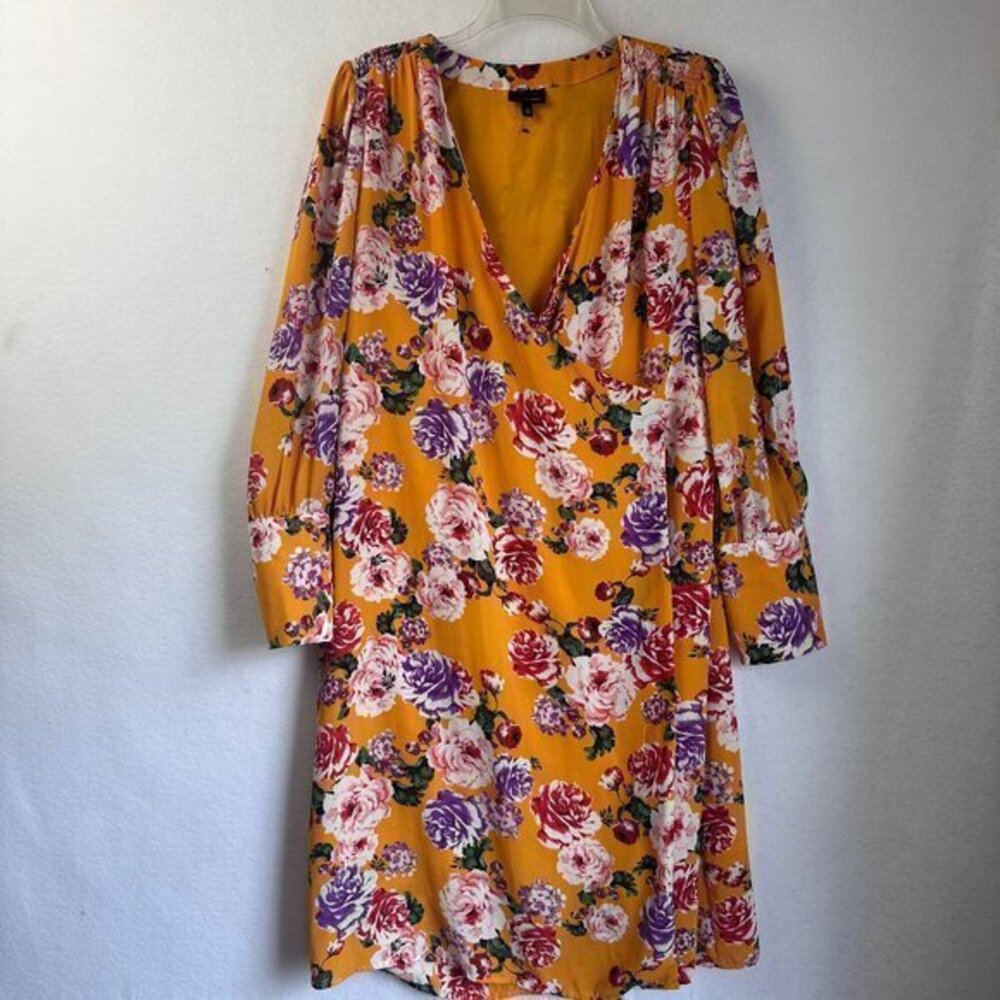 Who What Wear Womens Wrap Dress Above‎ Knee Yellow Floral Long Puff Sleeve M